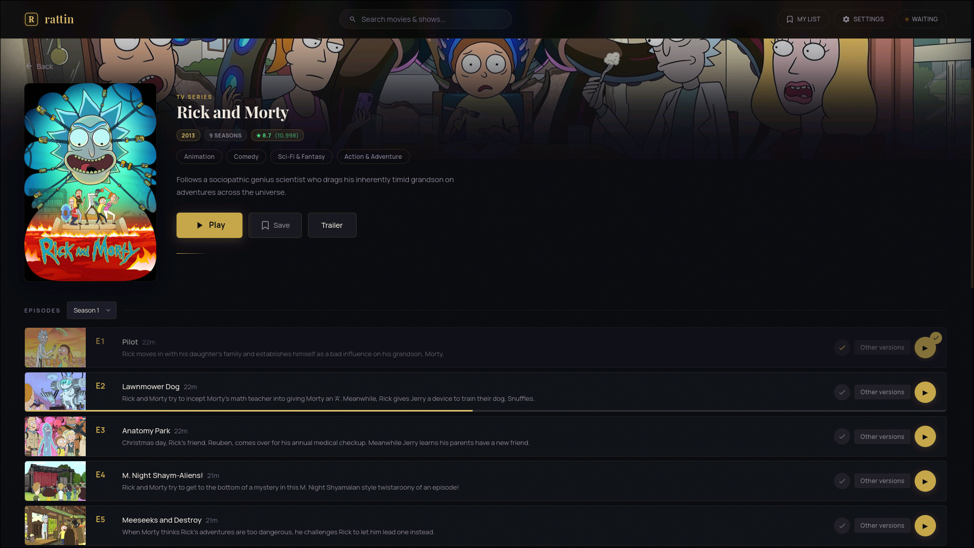 Rattin detail page showing movie information and watch progress