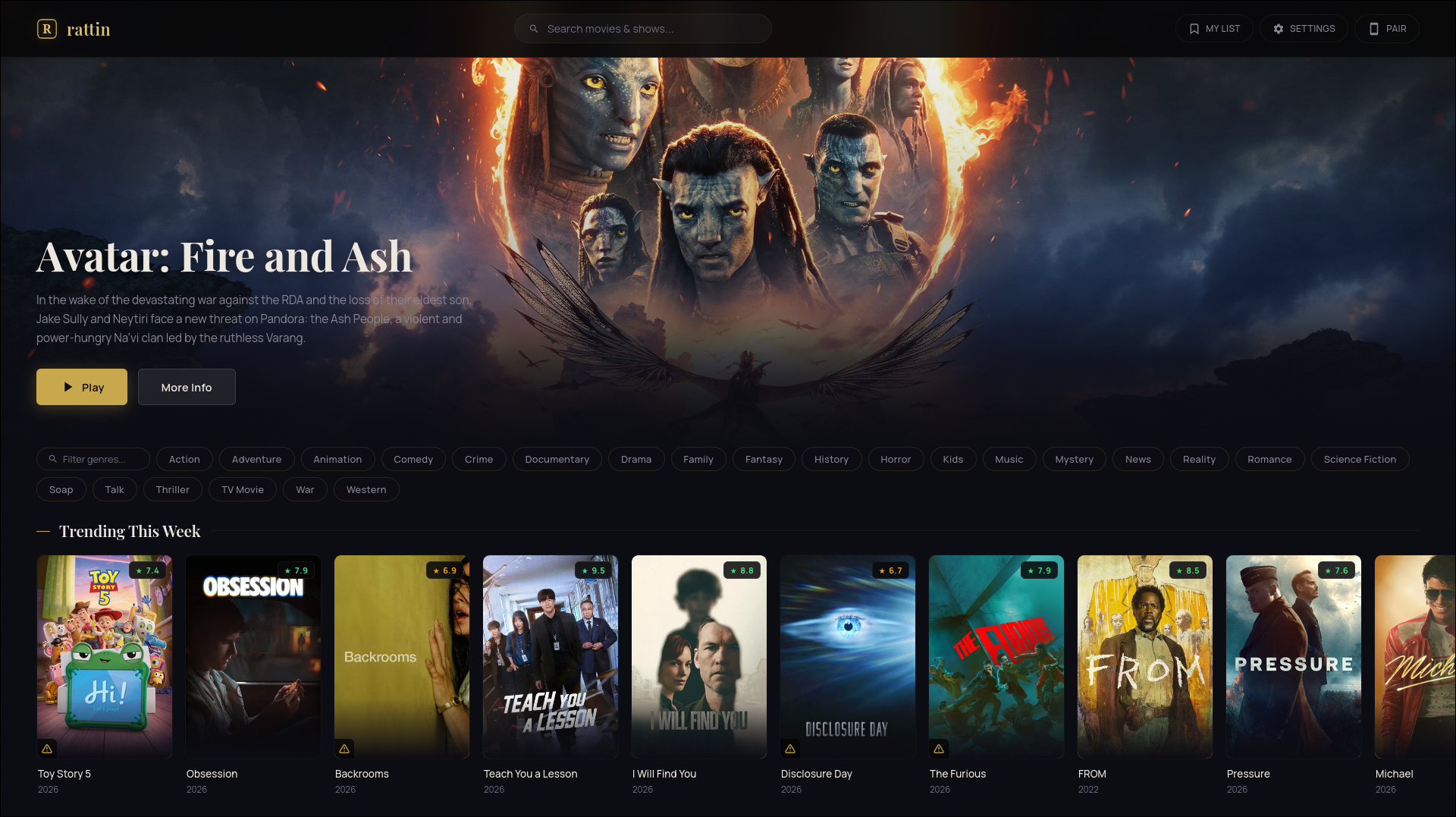 Rattin home screen showing movie and TV show rows
