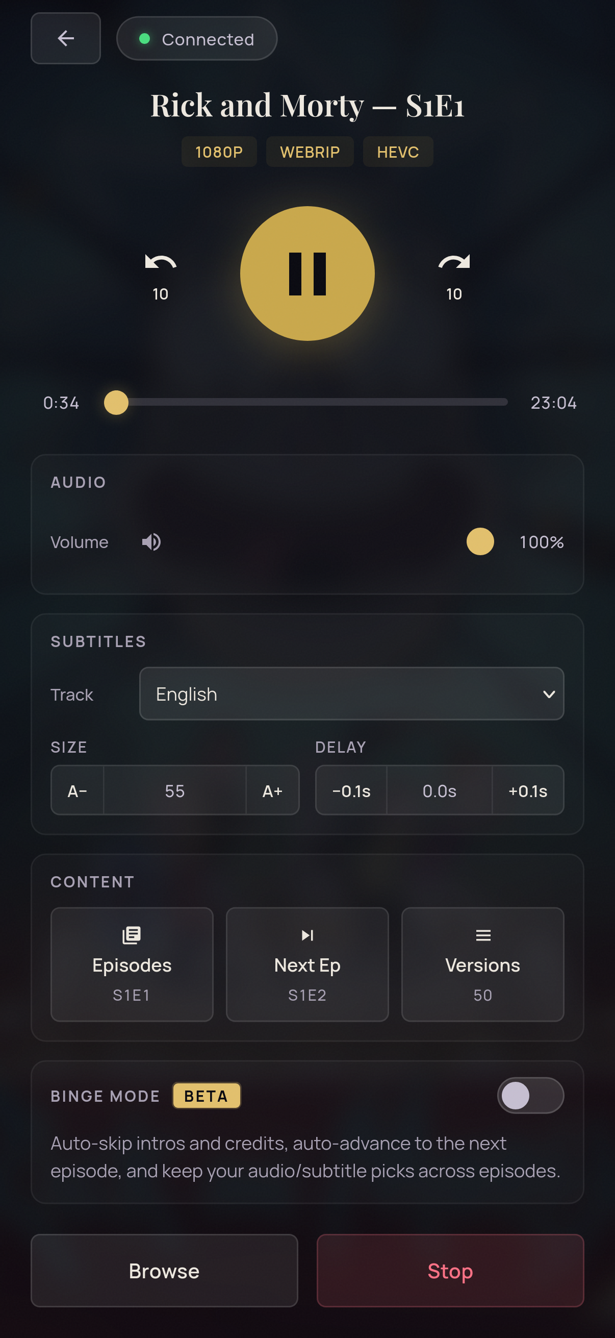 Phone remote control interface showing playback controls